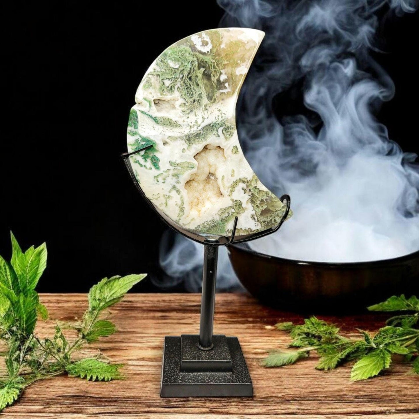 Moss Agate Moon Carving with Stand: Translucent Druzy Crystal Decor - 4.5 inch Moon