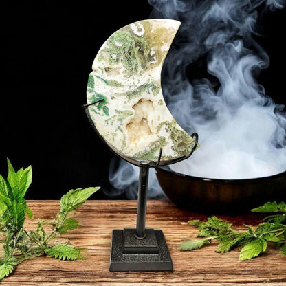 Moss Agate Moon Carving with Stand: Translucent Druzy Crystal Decor - 4.5 inch Moon