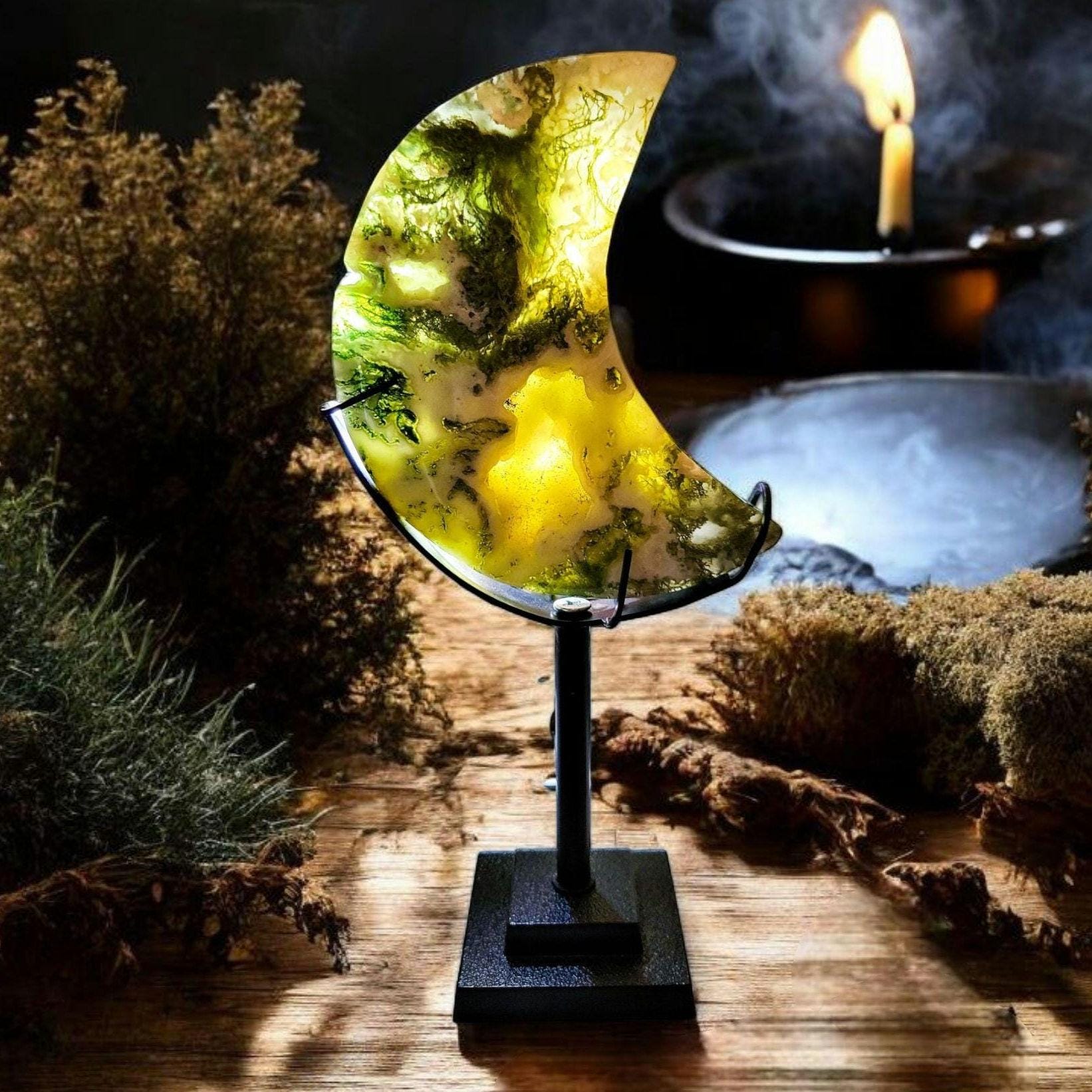 Moss Agate Moon Carving with Stand: Translucent Druzy Crystal Decor - 4.5 inch Moon