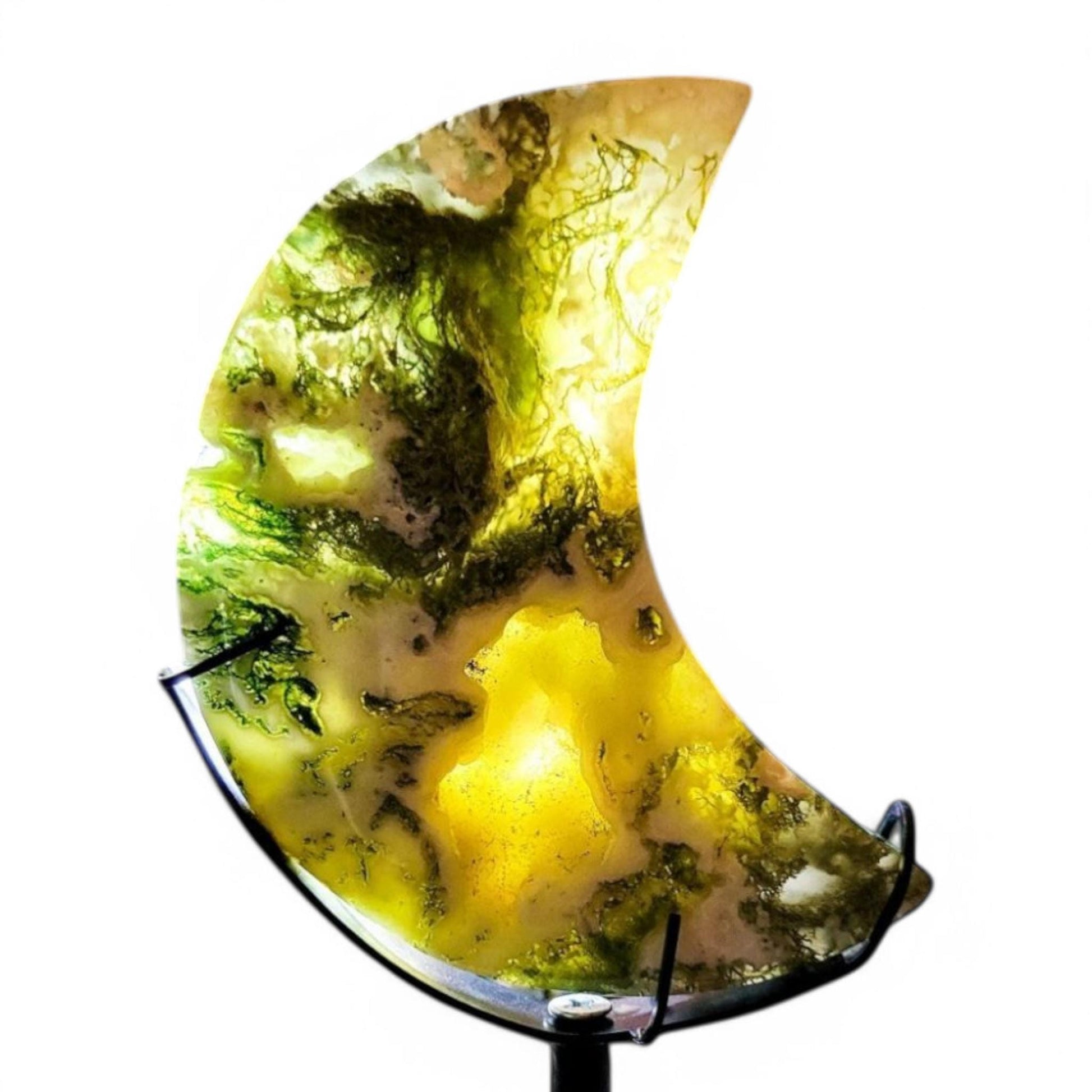 Moss Agate Moon Carving with Stand: Translucent Druzy Crystal Decor - 4.5 inch Moon