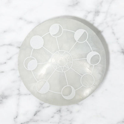 Selenite Charging Plate with Moon Phases | Crystal Charging Tray | Home Decor