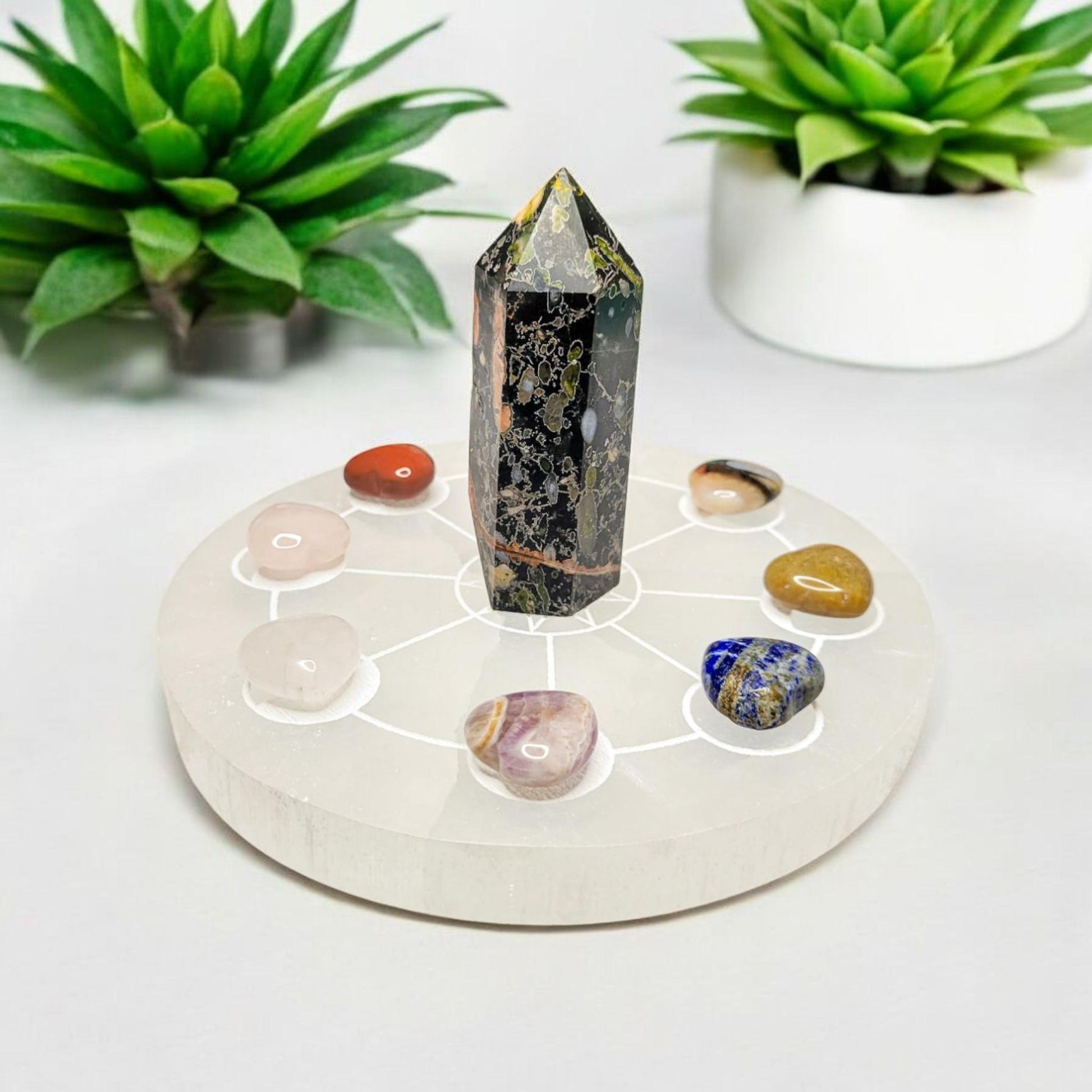 Selenite Charging Plate with Moon Phases | Crystal Charging Tray | Home Decor