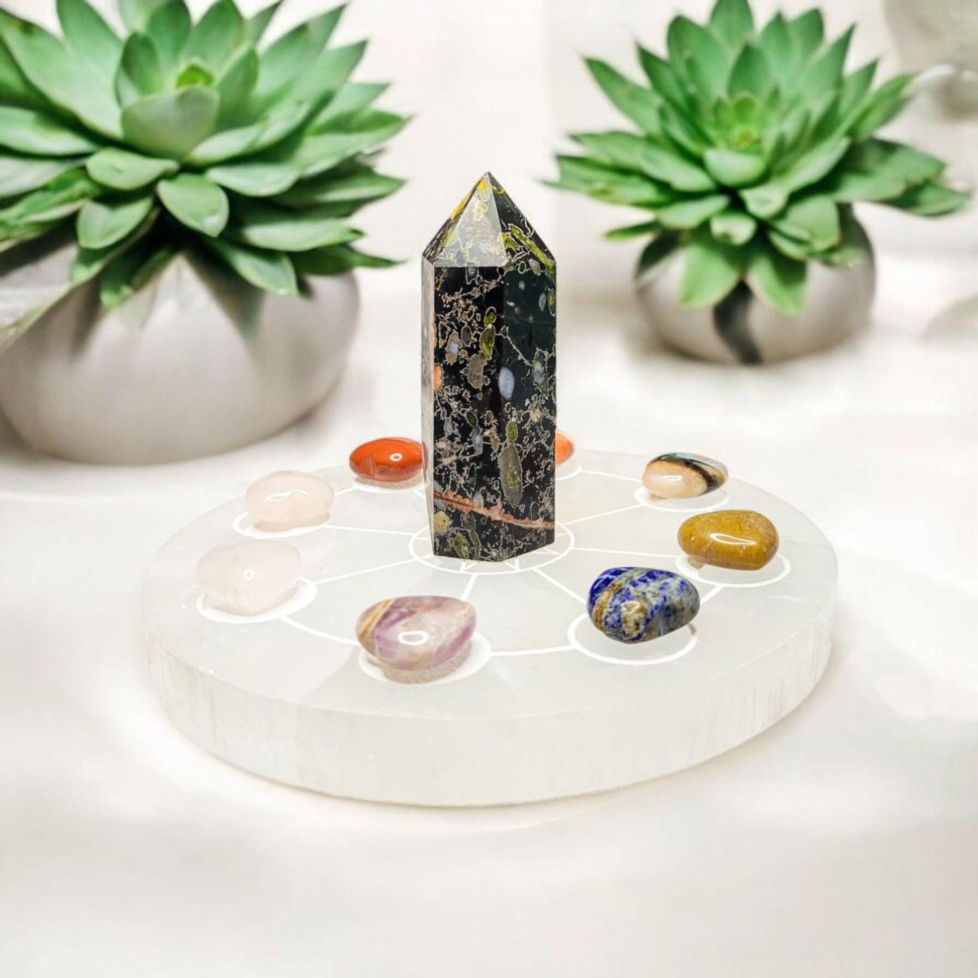 Selenite Charging Plate with Moon Phases | Crystal Charging Tray | Home Decor