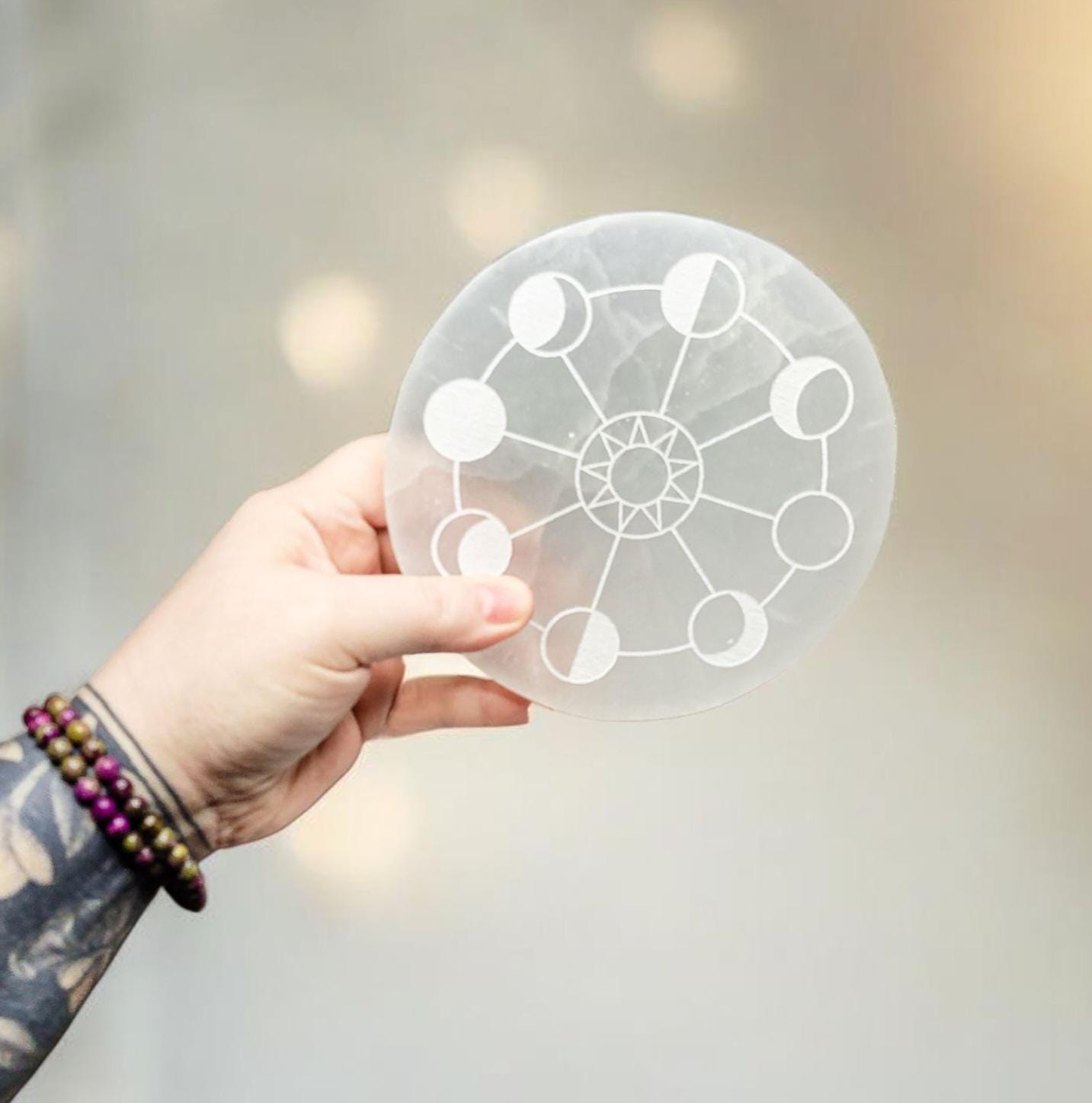 Selenite Charging Plate with Moon Phases | Crystal Charging Tray | Home Decor