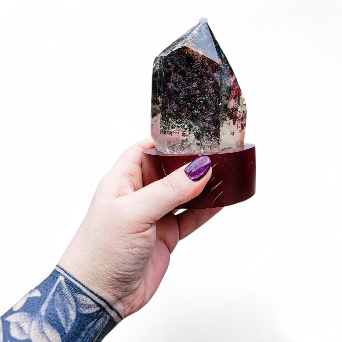 Garden Quartz Freeform with Custom Wood Stand: Statement Decor | 5 inches, 1.26 lbs