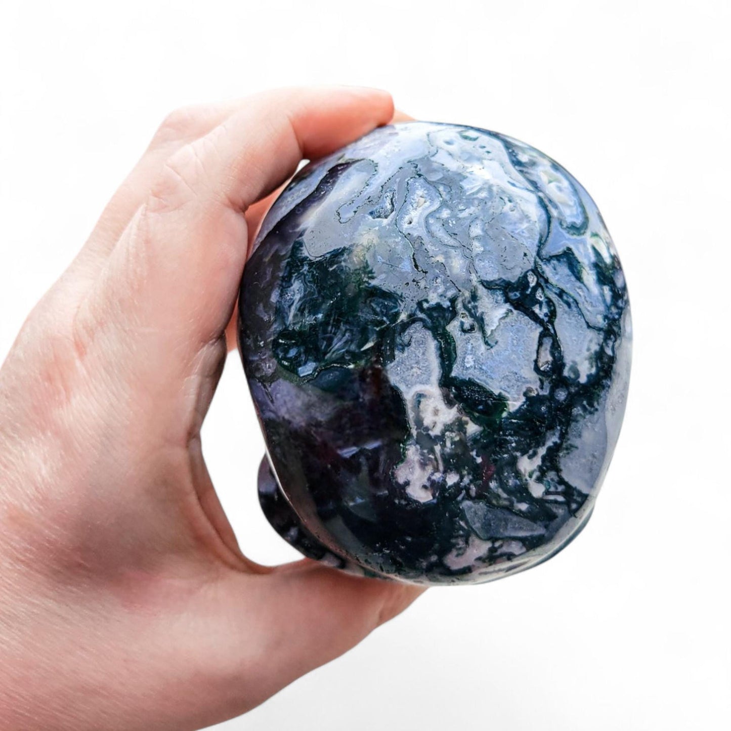 Moss Agate & Quartz Crystal Skull: Gothic Witchy Decor (4 Inch, 2 LBS)