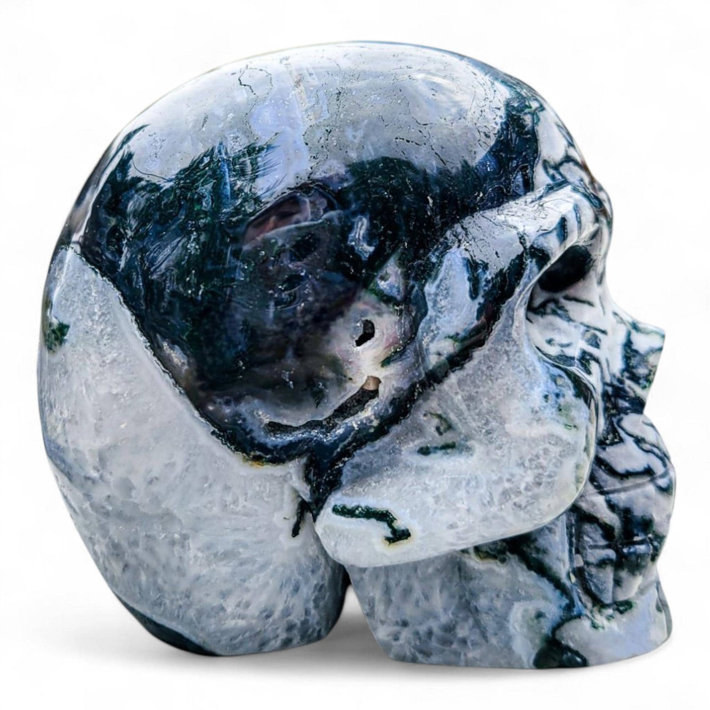 Moss Agate & Quartz Crystal Skull: Gothic Witchy Decor (4 Inch, 2 LBS)