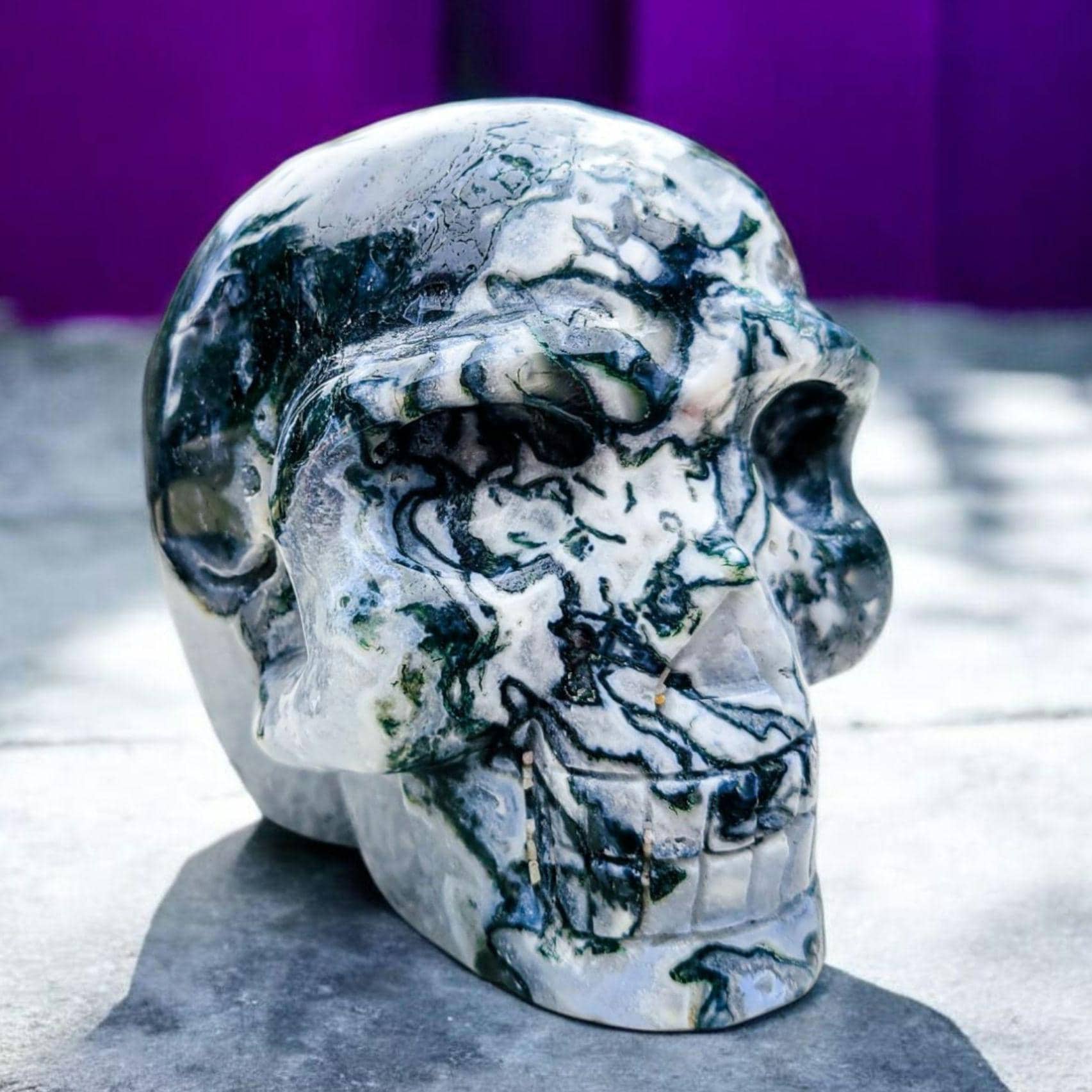 Moss Agate & Quartz Crystal Skull: Gothic Witchy Decor (4 Inch, 2 LBS)