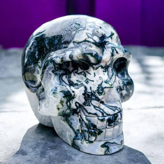 Moss Agate & Quartz Crystal Skull: Gothic Witchy Decor (4 Inch, 2 LBS)