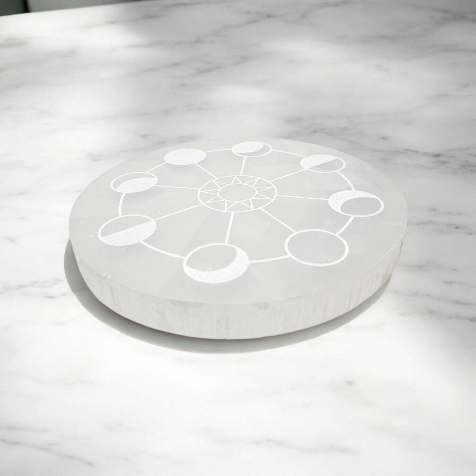 Selenite Charging Plate with Moon Phases | Crystal Charging Tray | Home Decor