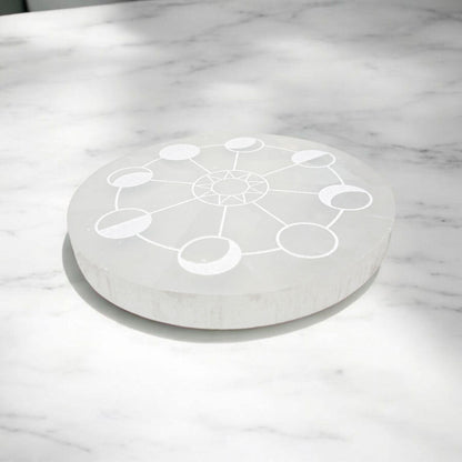 Selenite Charging Plate with Moon Phases | Crystal Charging Tray | Home Decor