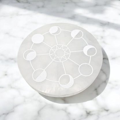 Selenite Charging Plate with Moon Phases | Crystal Charging Tray | Home Decor