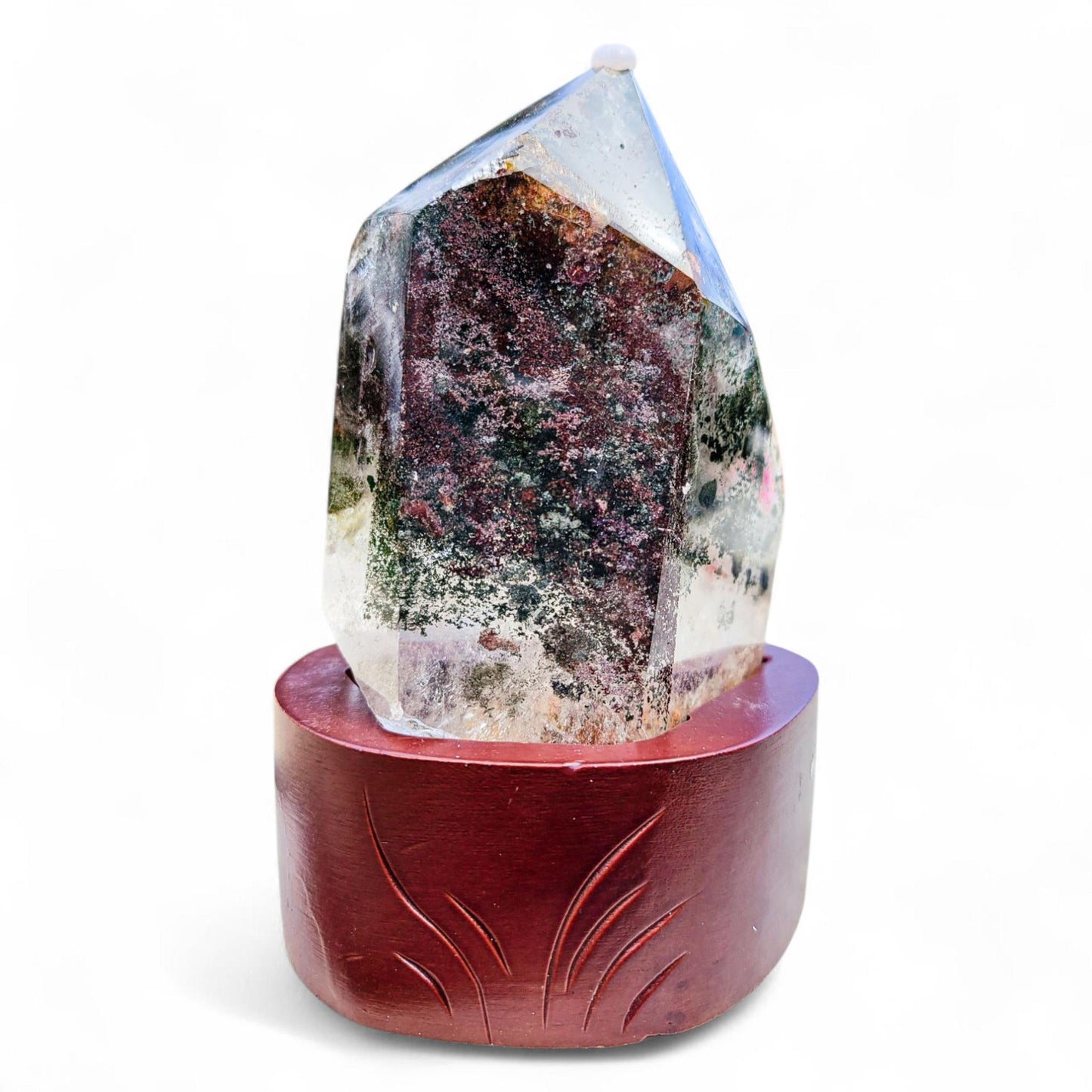 Garden Quartz Freeform with Custom Wood Stand: Statement Decor | 5 inches, 1.26 lbs