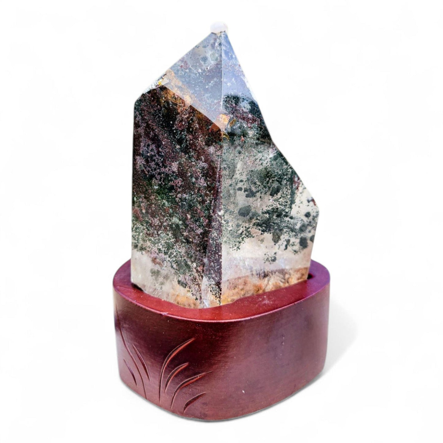 Garden Quartz Freeform with Custom Wood Stand: Statement Decor | 5 inches, 1.26 lbs