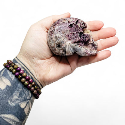 Druzy Purple Sphalerite Crystal Skull: Fluorite Chalcedony Quartz