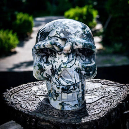 Moss Agate & Quartz Crystal Skull: Gothic Witchy Decor (4 Inch, 2 LBS)