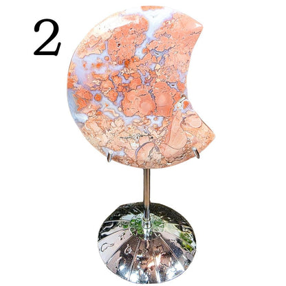 Rare Pink Cotton Agate Moon - Carved Crystal Moon - 3 Inch - Free Celestial Stand - Chalcedony