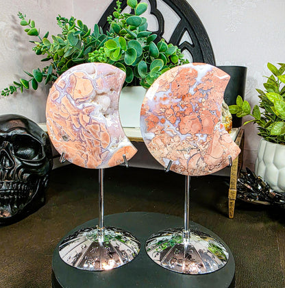 Rare Pink Cotton Agate Moon - Carved Crystal Moon - 3 Inch - Free Celestial Stand - Chalcedony