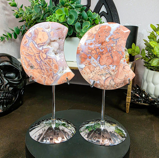 Rare Pink Cotton Agate Moon - Carved Crystal Moon - 3 Inch - Free Celestial Stand - Chalcedony