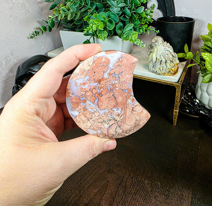 Rare Pink Cotton Agate Moon - Carved Crystal Moon - 3 Inch - Free Celestial Stand - Chalcedony