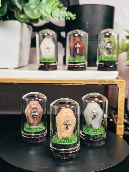 Traveling Cemetery - Mini Crystal Coffin Glass Terrarium - Gothic Desk Decor - Witchy Gifts - Crystal Materials and Cross Styles Vary