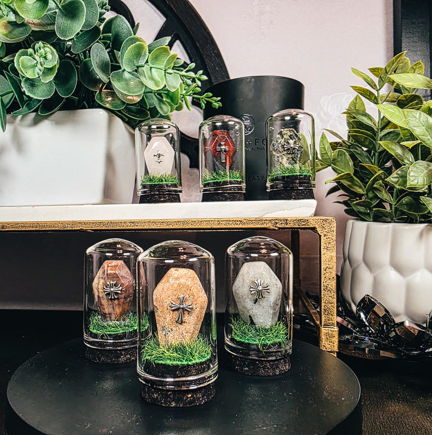 Traveling Cemetery - Mini Crystal Coffin Glass Terrarium - Gothic Desk Decor - Witchy Gifts - Crystal Materials and Cross Styles Vary