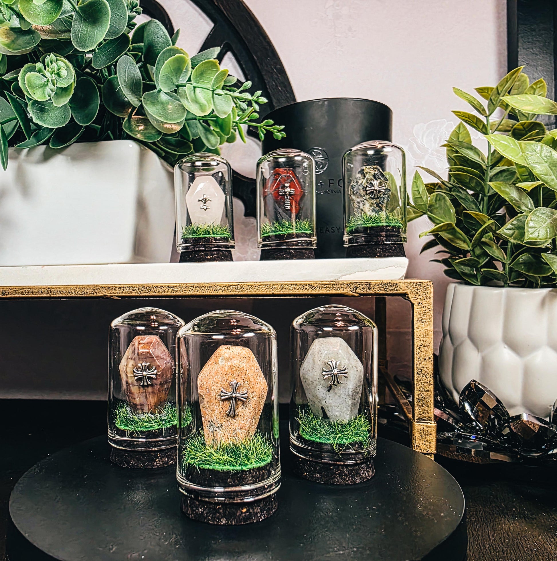 Traveling Cemetery - Mini Crystal Coffin Glass Terrarium - Gothic Desk Decor - Witchy Gifts - Crystal Materials and Cross Styles Vary