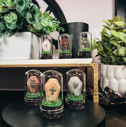 Traveling Cemetery - Mini Crystal Coffin Glass Terrarium - Gothic Desk Decor - Witchy Gifts - Crystal Materials and Cross Styles Vary