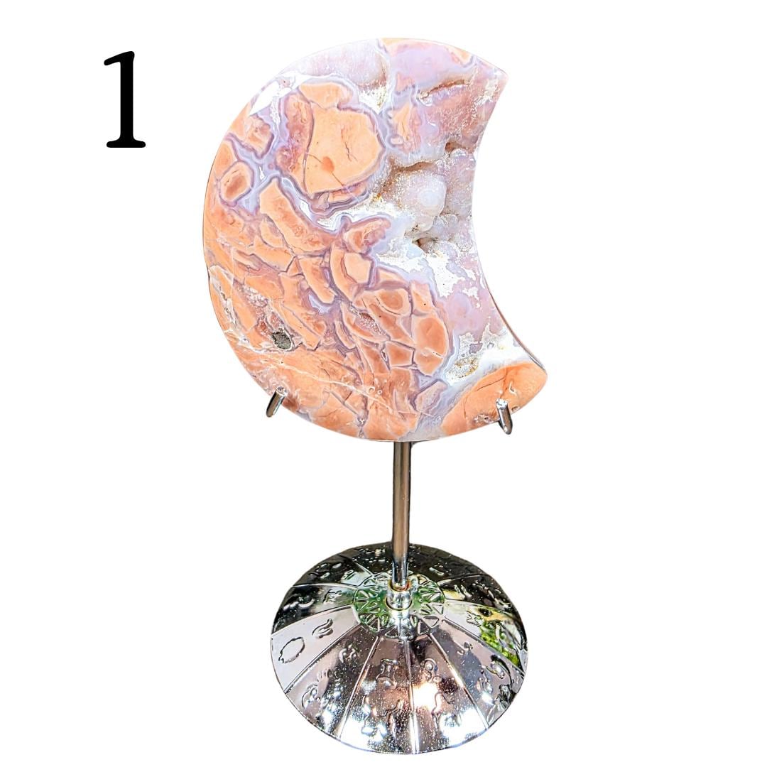 Rare Pink Cotton Agate Moon - Carved Crystal Moon - 3 Inch - Free Celestial Stand - Chalcedony