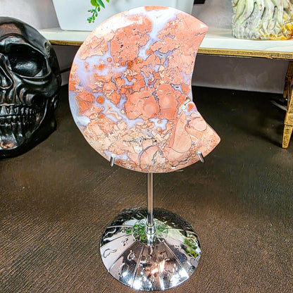 Rare Pink Cotton Agate Moon - Carved Crystal Moon - 3 Inch - Free Celestial Stand - Chalcedony