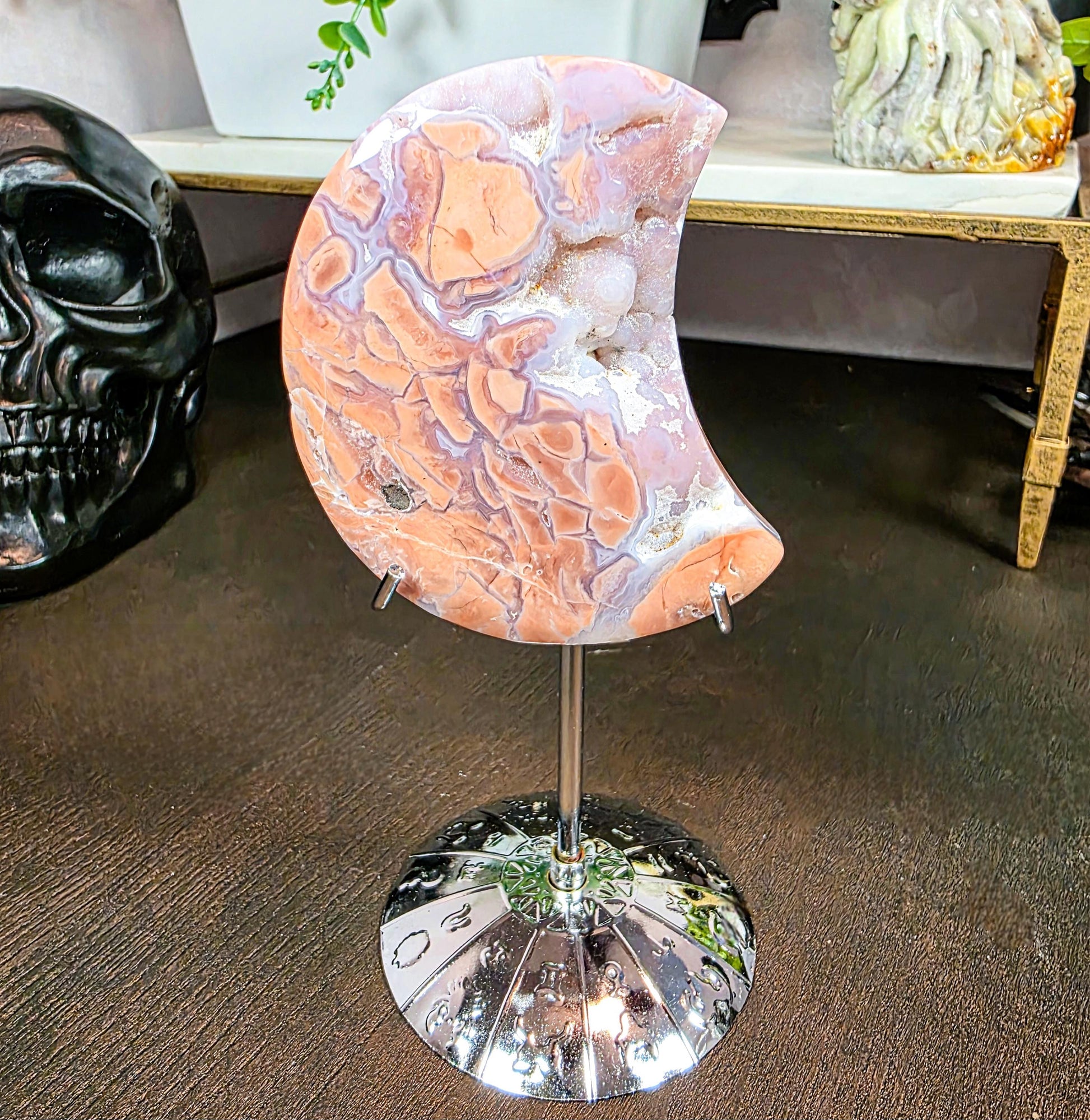 Rare Pink Cotton Agate Moon - Carved Crystal Moon - 3 Inch - Free Celestial Stand - Chalcedony