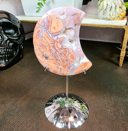 Rare Pink Cotton Agate Moon - Carved Crystal Moon - 3 Inch - Free Celestial Stand - Chalcedony