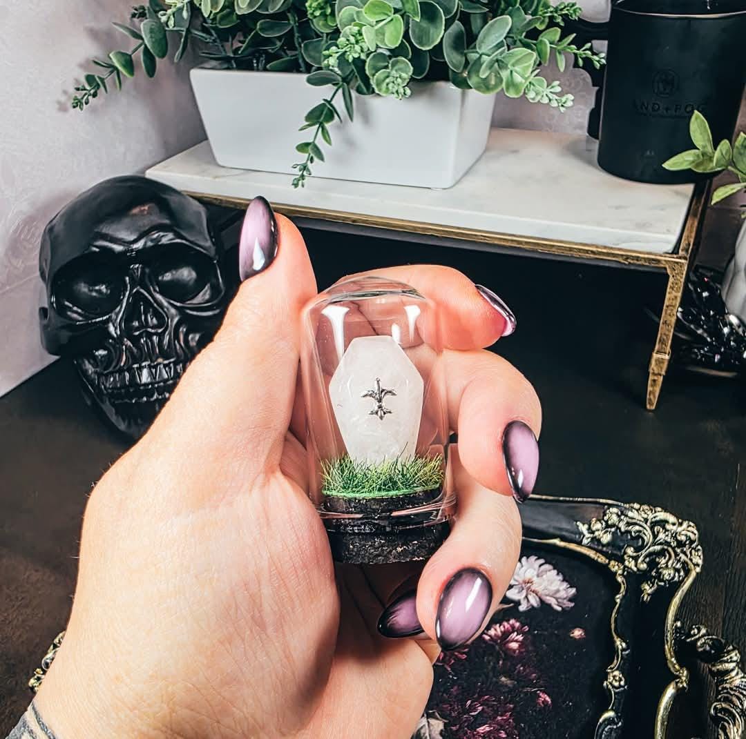 Traveling Cemetery - Mini Crystal Coffin Glass Terrarium - Gothic Desk Decor - Witchy Gifts - Crystal Materials and Cross Styles Vary