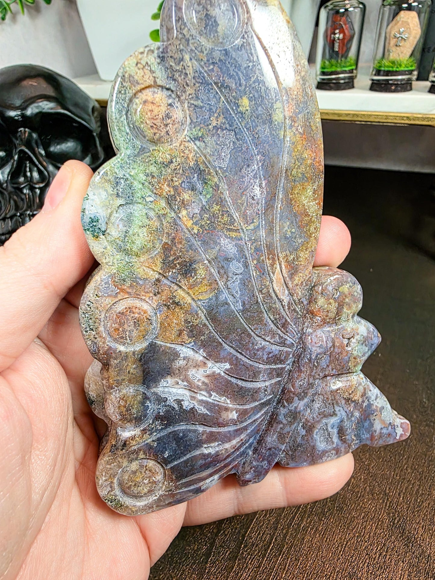 Moss Agate Fairy Carving: Freestanding Crystal Goddess Figure