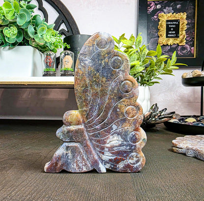 Moss Agate Fairy Carving: Freestanding Crystal Goddess Figure