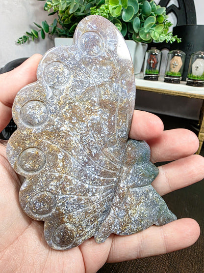 Moss Agate Fairy Carving: Freestanding Crystal Goddess Figure