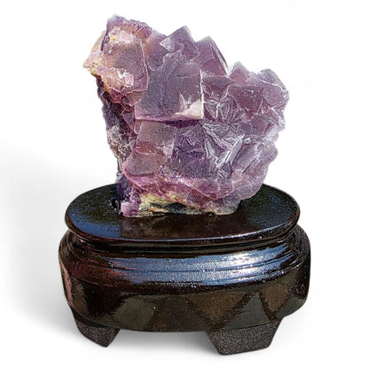 Purple Fluorite Specimen with Cube Formations - Custom Wooden Stand - Natural Crystal Decor - 381 grams