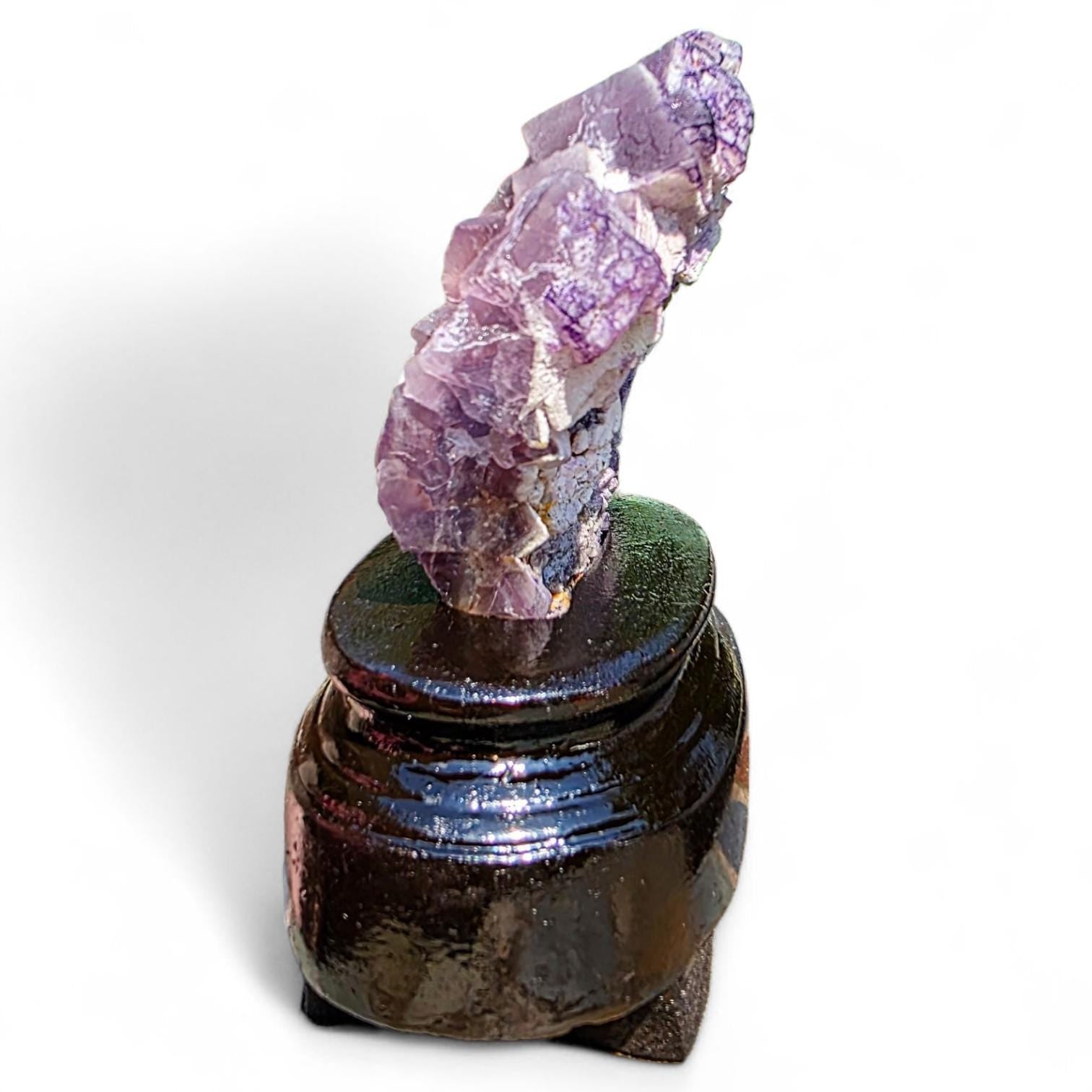 Purple Fluorite Specimen with Cube Formations - Custom Wooden Stand - Natural Crystal Decor - 381 grams
