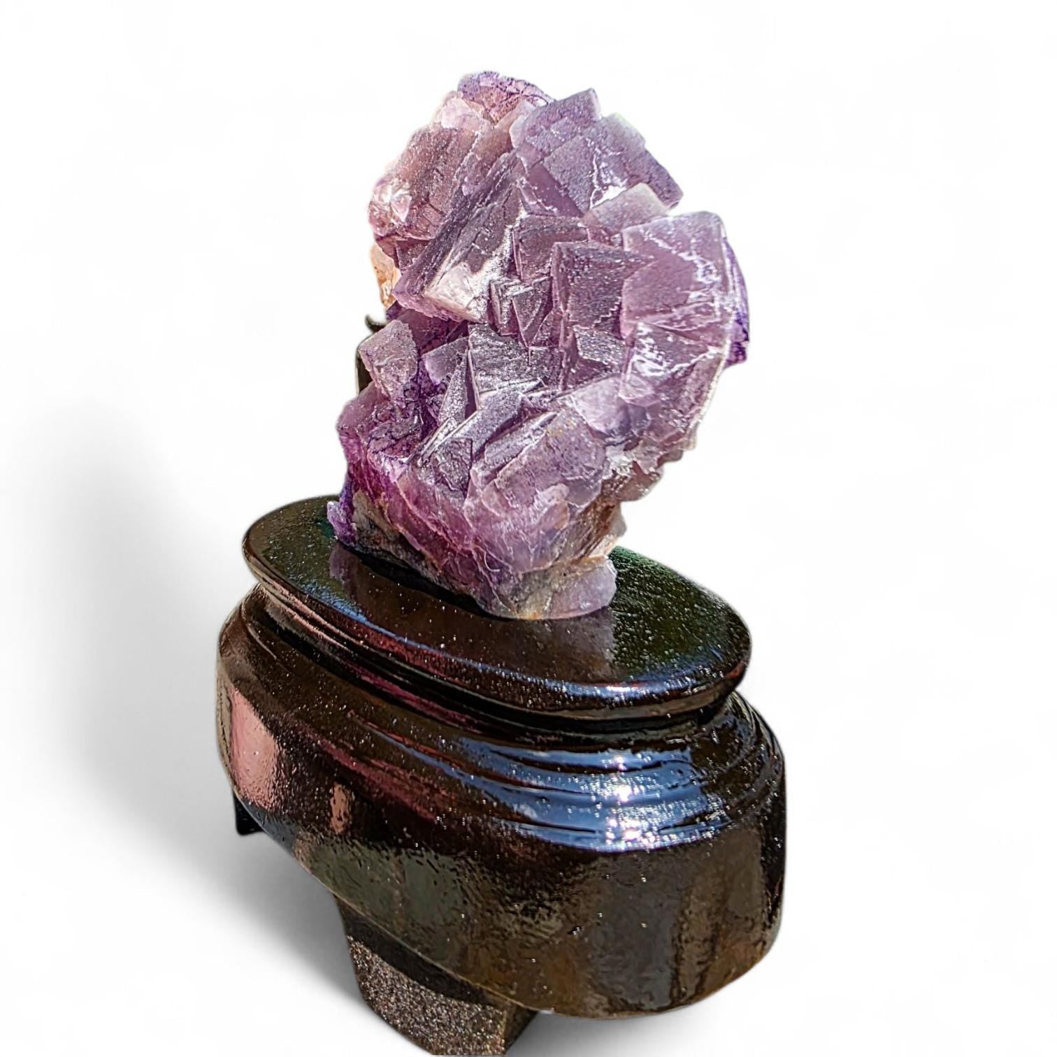 Purple Fluorite Specimen with Cube Formations - Custom Wooden Stand - Natural Crystal Decor - 381 grams