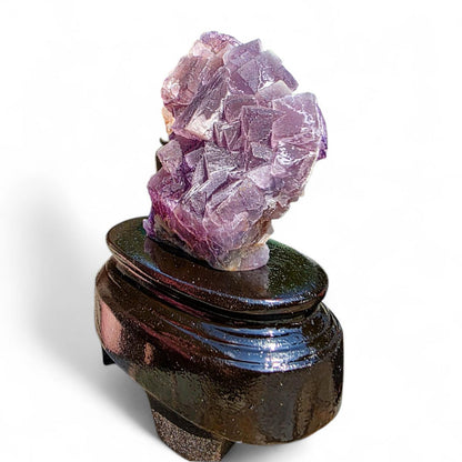 Purple Fluorite Specimen with Cube Formations - Custom Wooden Stand - Natural Crystal Decor - 381 grams