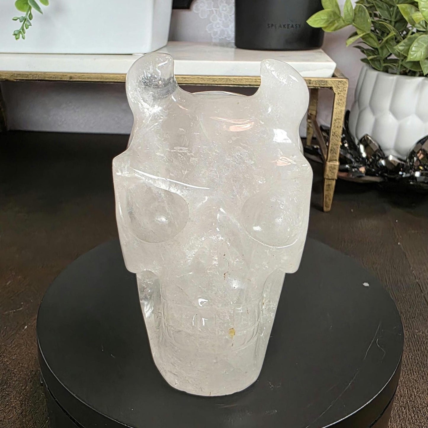 High Quality 4.5" Clear Quartz Devil Skull Carving - Unusual Crystal Horned Skull (2.26 lbs) - Unique Gothic Decor / Halloween Altar