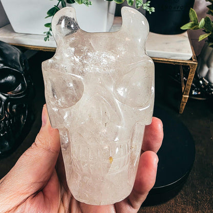 High Quality 4.5" Clear Quartz Devil Skull Carving - Unusual Crystal Horned Skull (2.26 lbs) - Unique Gothic Decor / Halloween Altar