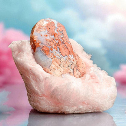 Rare Pink Cotton Agate Moon - Carved Crystal Moon - 3 Inch - Free Celestial Stand - Chalcedony