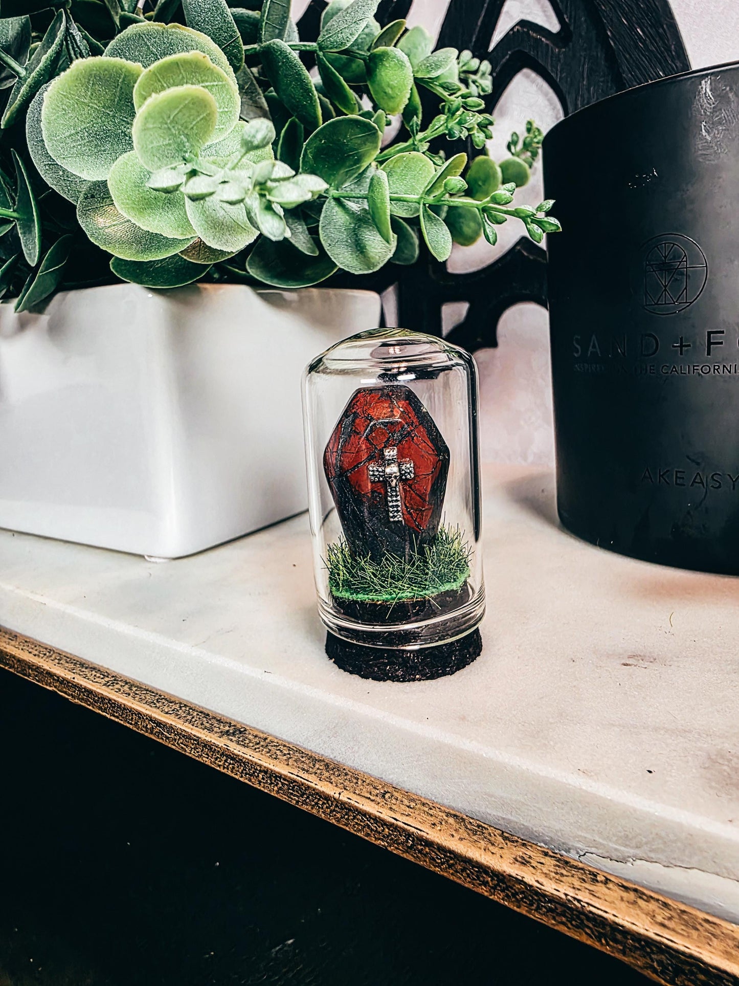 Traveling Cemetery - Mini Crystal Coffin Glass Terrarium - Gothic Desk Decor - Witchy Gifts - Crystal Materials and Cross Styles Vary