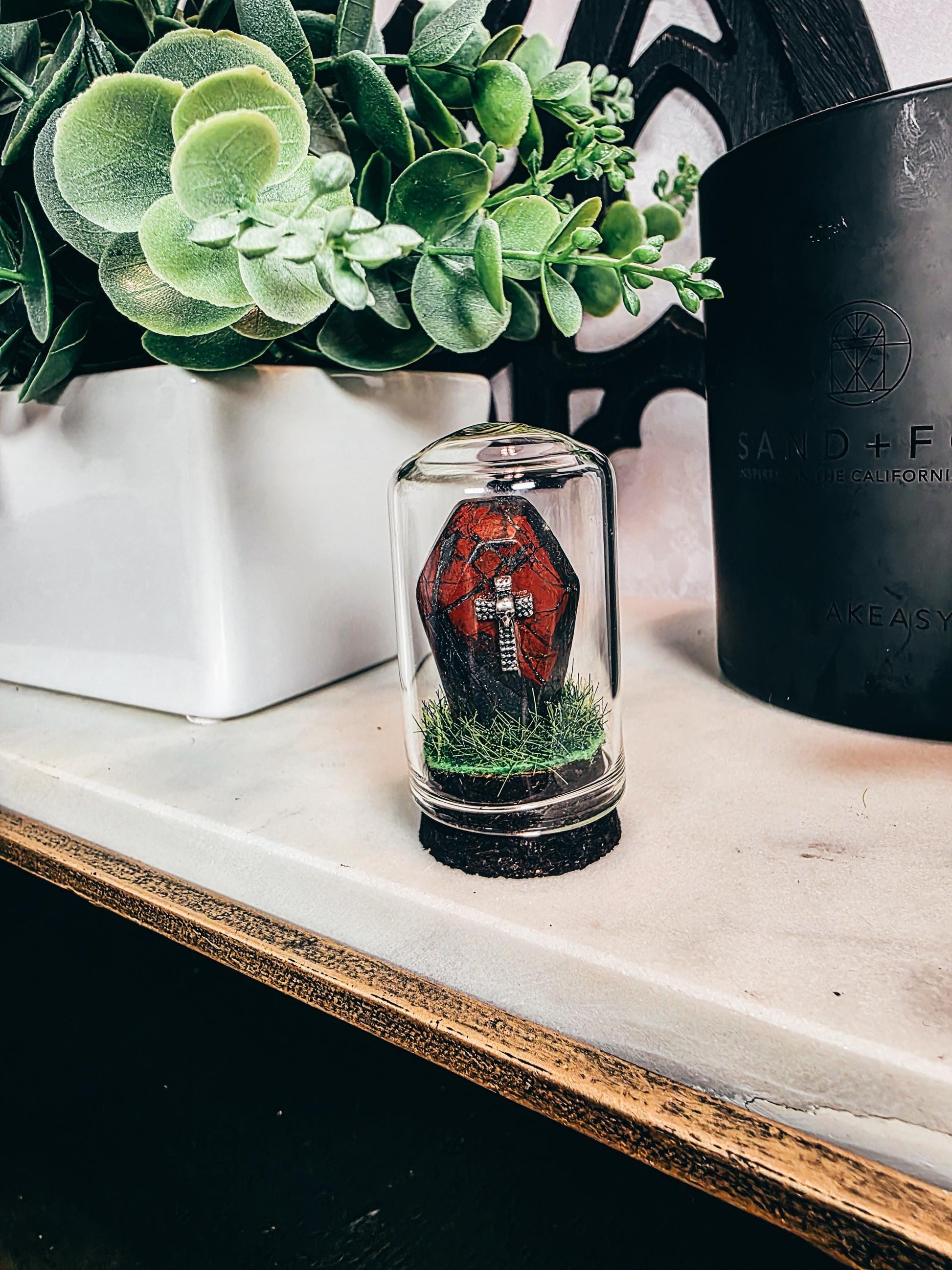 Traveling Cemetery - Mini Crystal Coffin Glass Terrarium - Gothic Desk Decor - Witchy Gifts - Crystal Materials and Cross Styles Vary