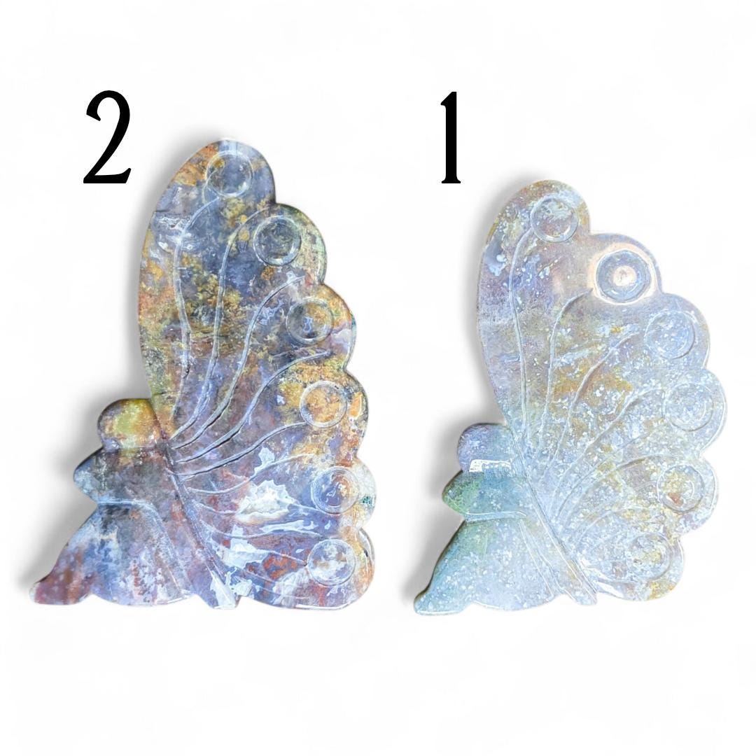 Moss Agate Fairy Carving: Freestanding Crystal Goddess Figure