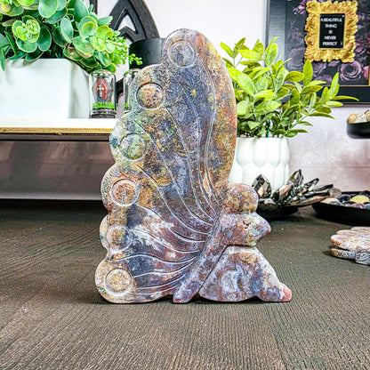 Moss Agate Fairy Carving: Freestanding Crystal Goddess Figure