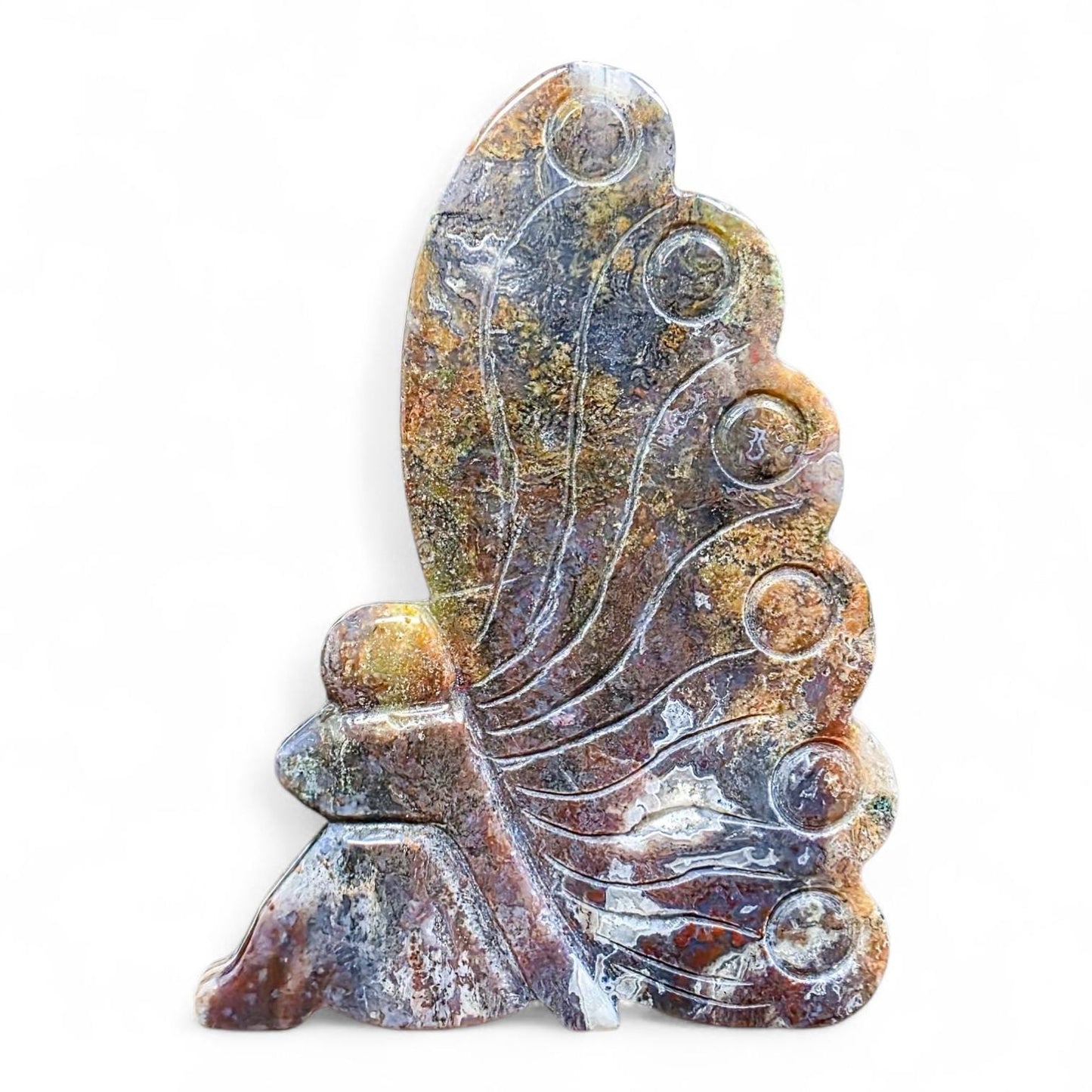 Moss Agate Fairy Carving: Freestanding Crystal Goddess Figure