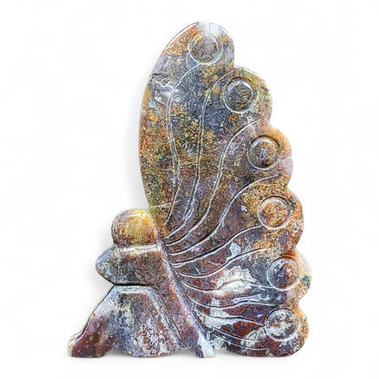 Moss Agate Fairy Carving: Freestanding Crystal Goddess Figure