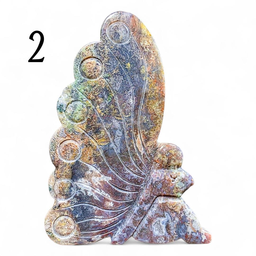 Moss Agate Fairy Carving: Freestanding Crystal Goddess Figure
